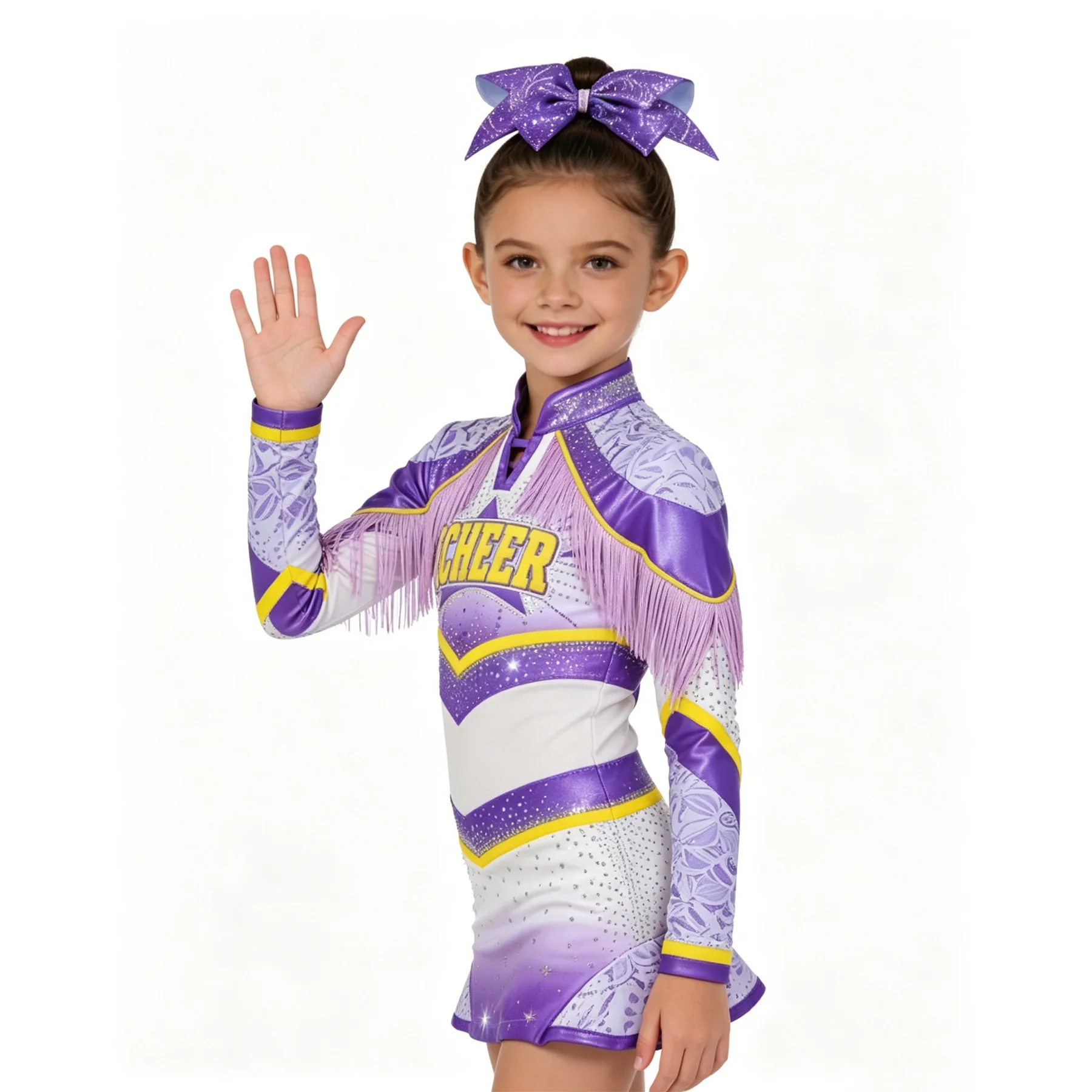 Girls Purple White Gradient Long Sleeve Cheerleading Uniform Set Kids Rhinestone Tassel Outfit with Bow Cheer Costume Dance Wear