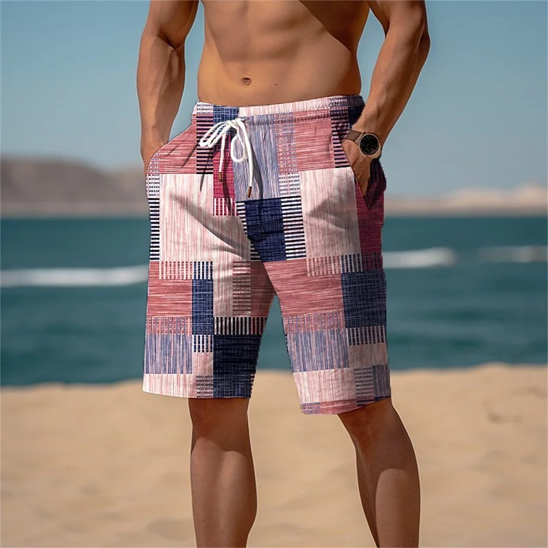 Pantaloncini da surf geometrici 3D per le vacanze da uomo a blocchi di colore a quadretti Pantaloni da nuoto con coulisse elastica in stile hawaiano per le vacanze in spiaggia