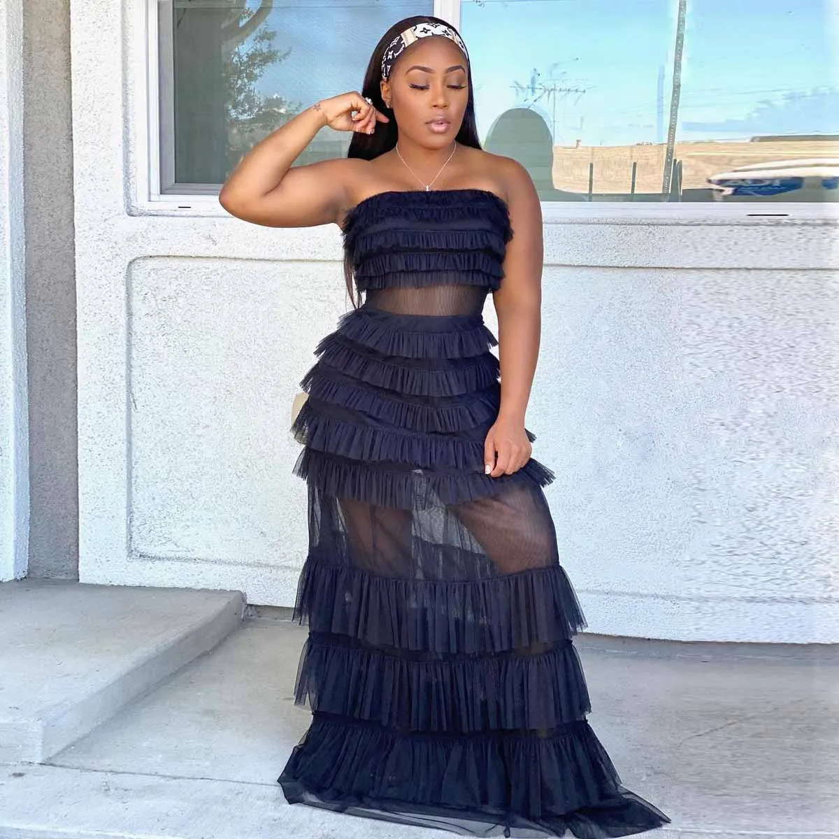 2024 Blue Long Formal Occasion Dress for Black Girls Strapless Dark Navy legant Black Tiered Tulle Party Dresses