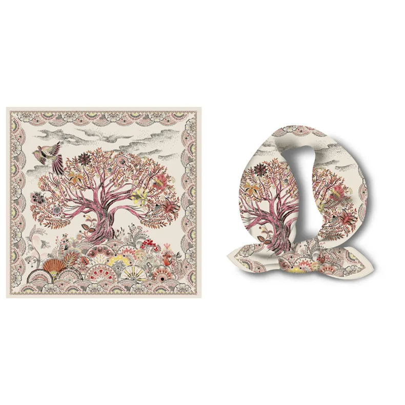 53x53cm National Wind God Tree Silk Scarf, Spring Women's Luxury Simulation Silk Scarf, Light High-grade Versatile Square Scarf