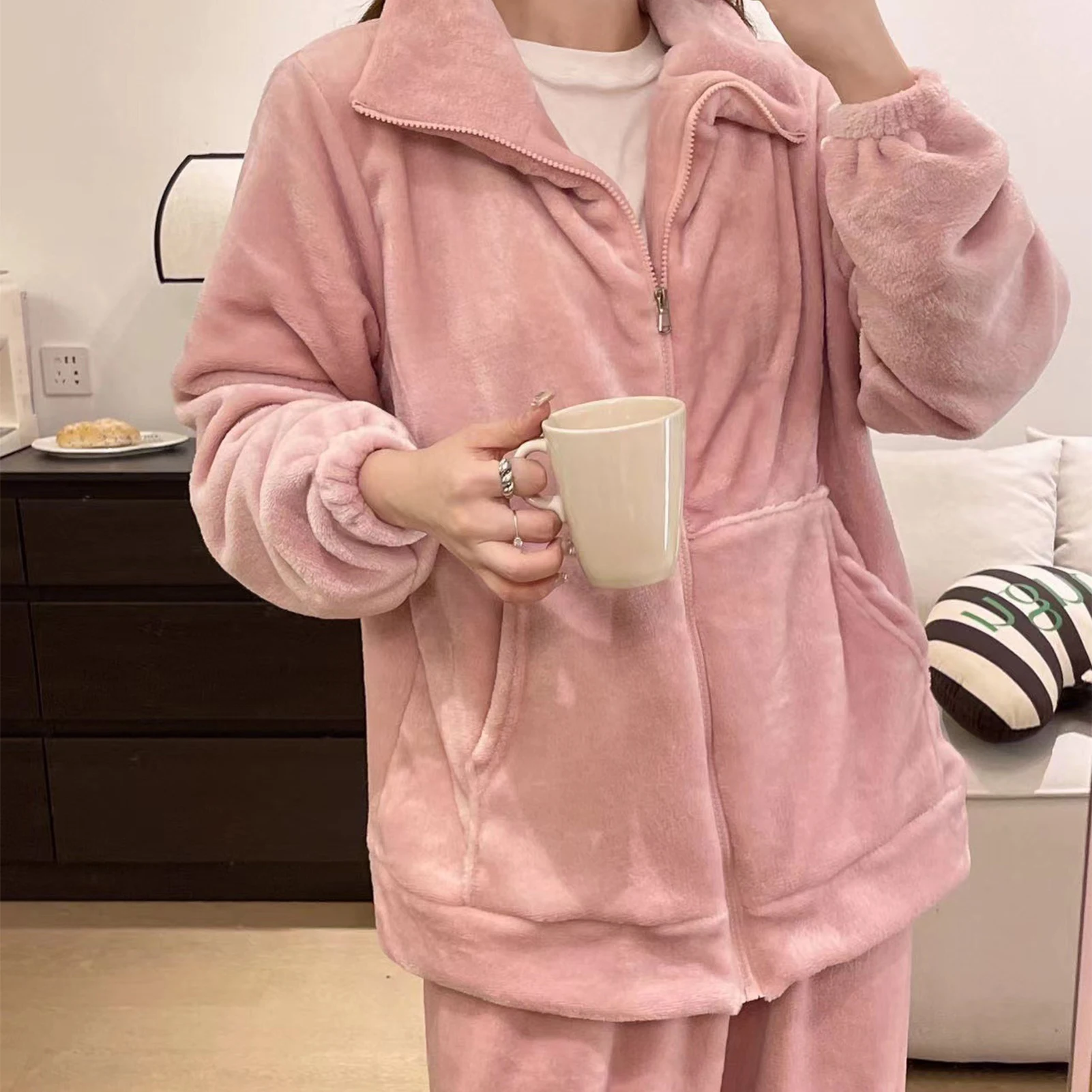 Simple Solid-color Nightclothes Suit Comfortable Warming Sleepwear For Daily Wear