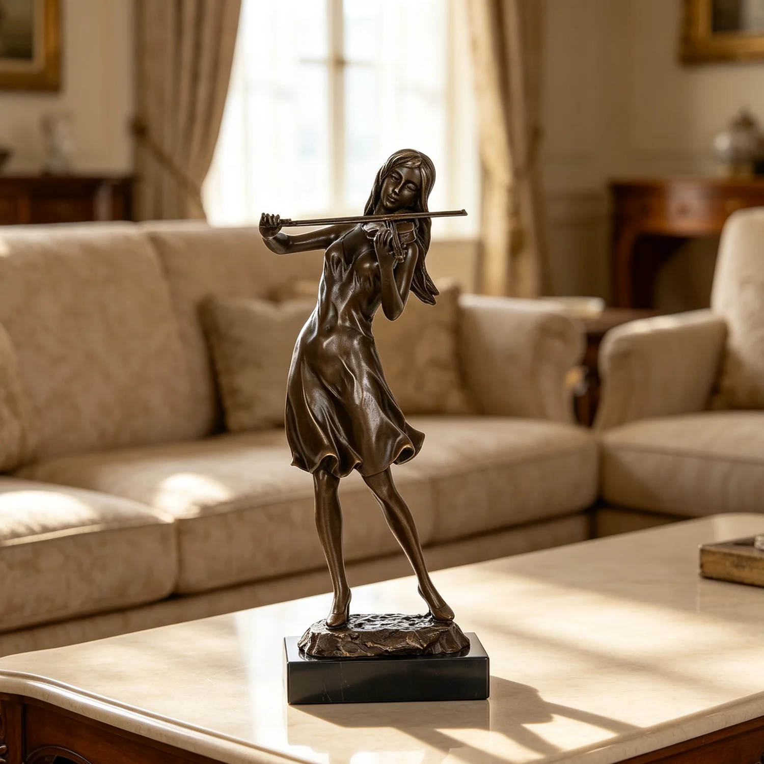 Bronze Female Violinist Statue Violin Player Music Sculpture Exquisite Figurine Modern Gorgeous Home Decoration Gift