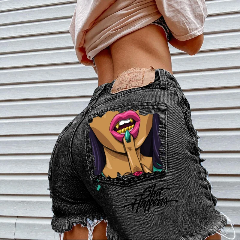 

Summer 2026 Sexy Style Girls Fashion Spring Printed Denim Shorts with Piercing Tassels High Waist Wide Leg Casual Shorts