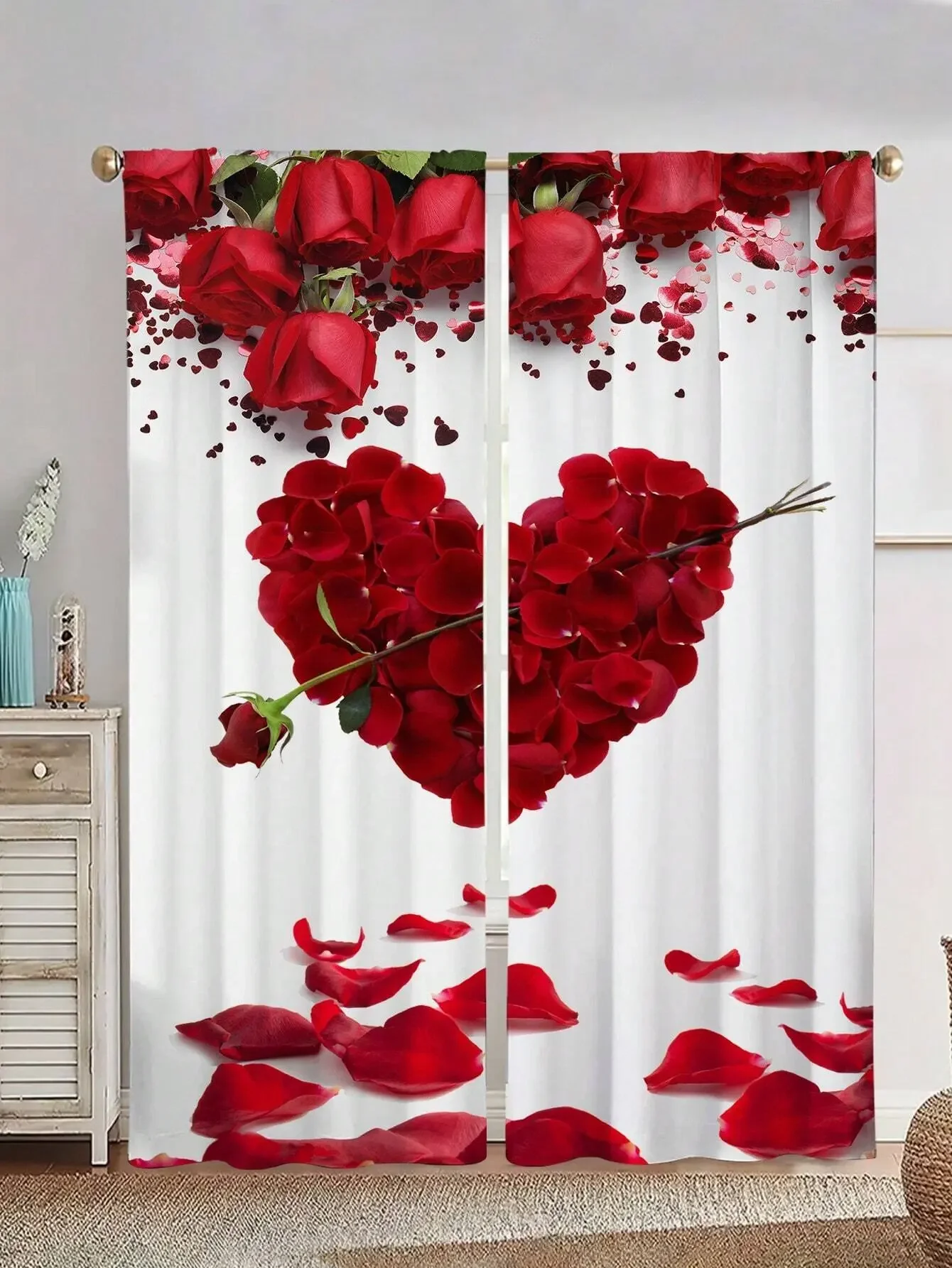 2pcs Heart-shaped red rose printed curtains, pole bag curtains 42*84, bedroom and living room, home decoration, room decoration
