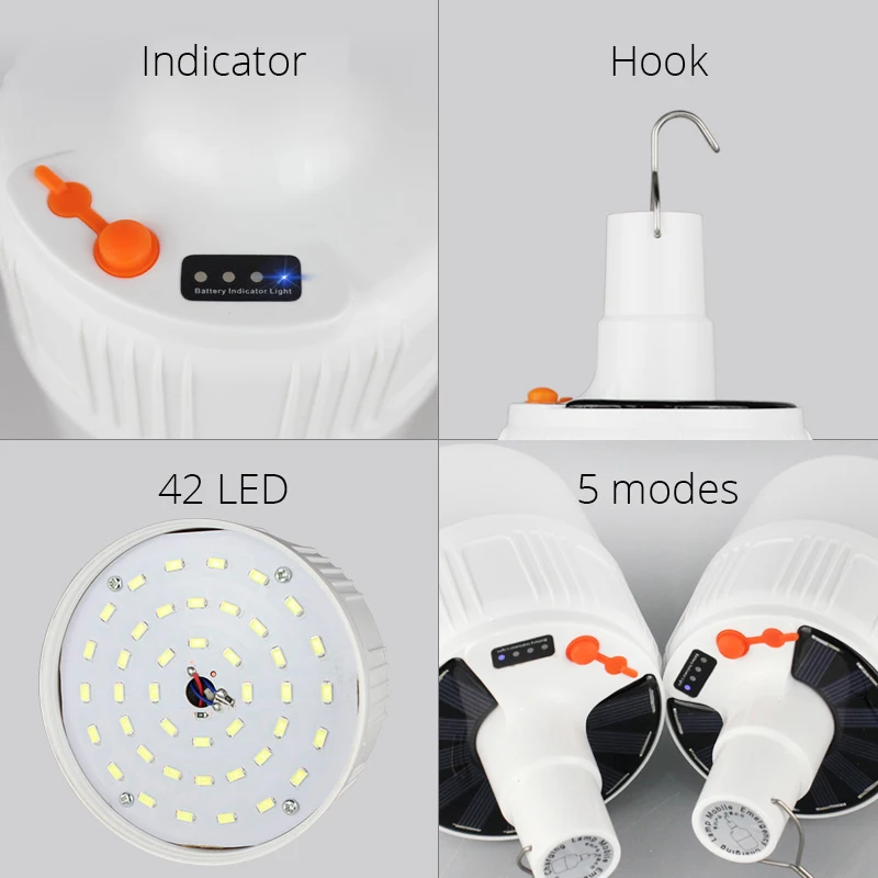 Camping Lantern LED Light Bulb 5 Lighting Modes USB Rechargeable Hanging Tent Light Portable Emergency Lantern for Garden BBQ