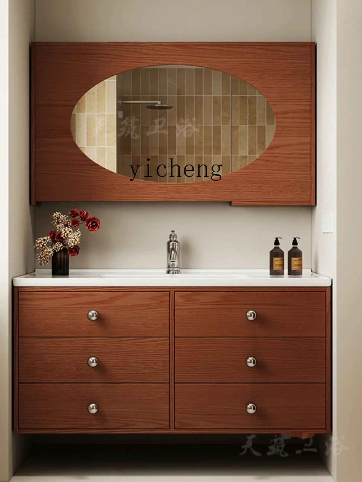 Zf Antique Oak Paint Bathroom Cabinet Stone Plate Ceramic Integrated Bathroom Wash Inter-Platform Basin