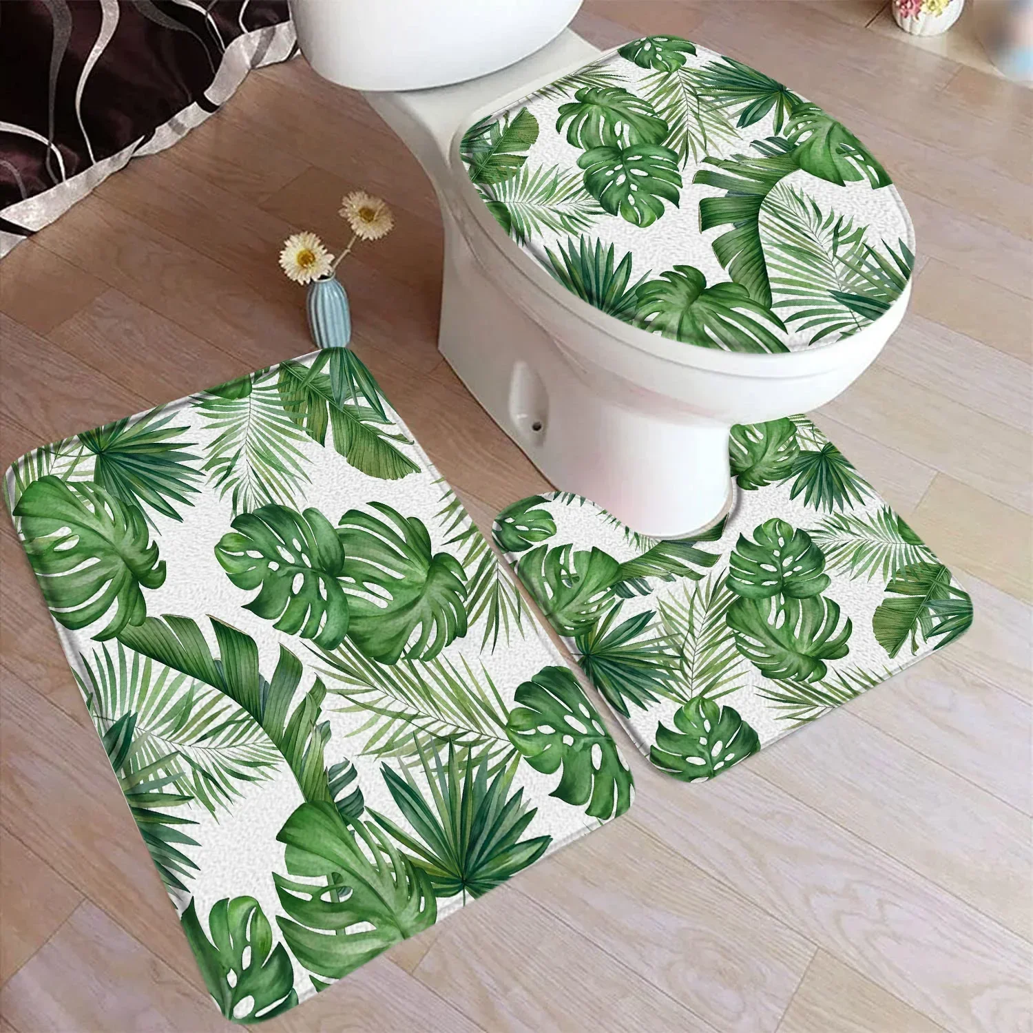 Tropical Leaves Bath Mat Set Palm Leaf Monstera Green Plants Home Carpet Flannel Bathroom Decorative Floor Rugs Toilet Lid Cover