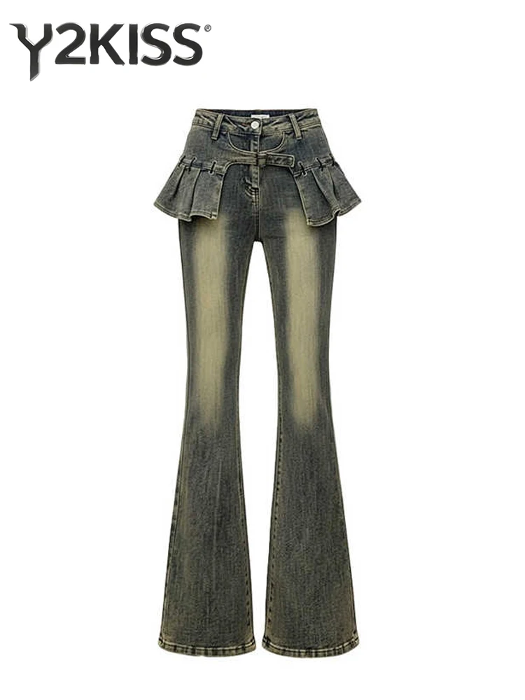 

Женские дизайнерские джинсы-клеш в стиле 2000-х, джинсовые брюки-клеш, длинные брюки в стиле K-pop, японский стиль Abi, Y2K, ковбойский стиль, уличный стиль