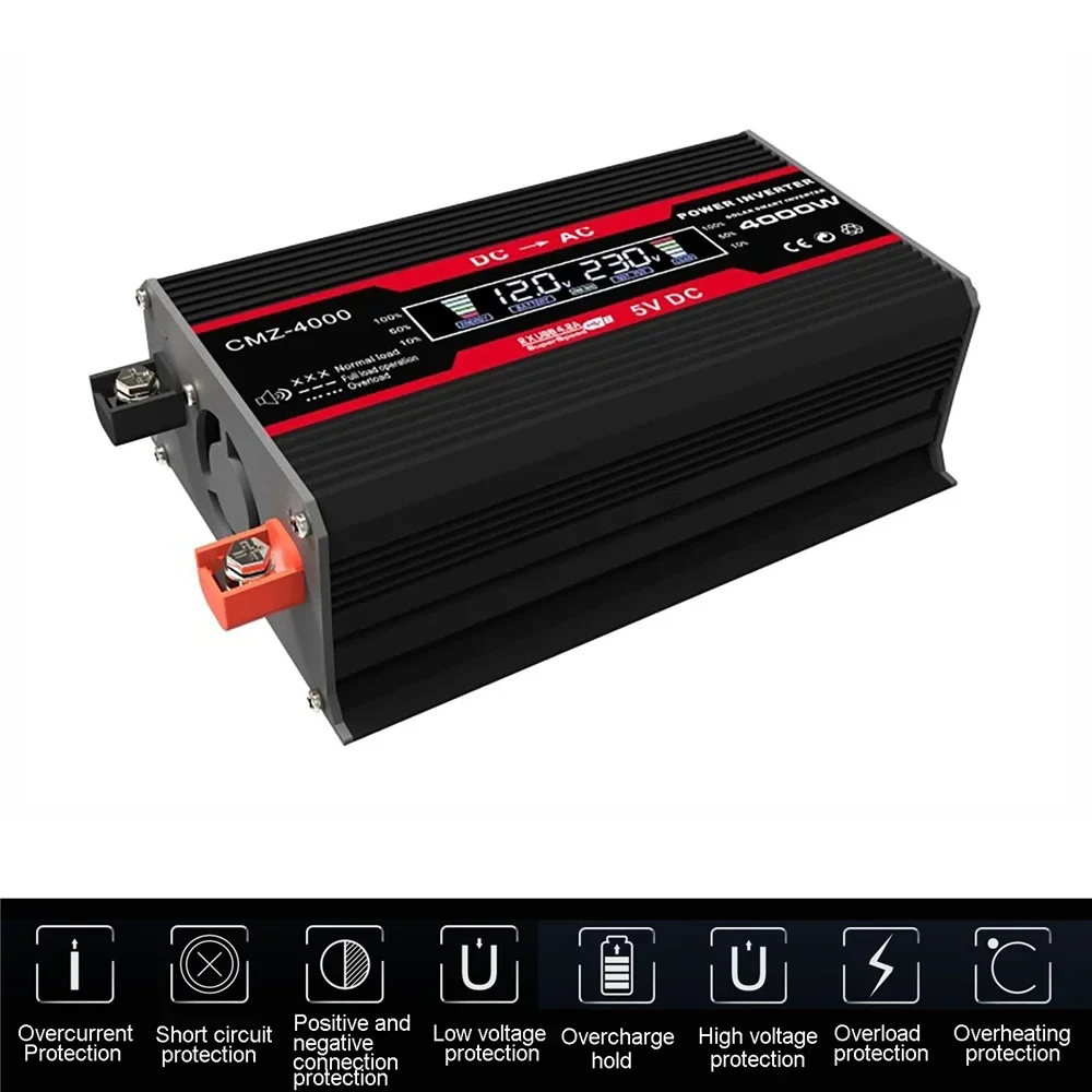 Imagem -03 - Inversor de Onda Senoidal Modificada 4000w 12v para 110v 220v Conversor de Tensão Porta Usb Dupla Display Lcd Inteligente Inversor de Energia para Carro
