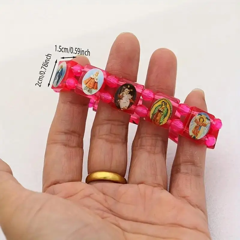Vintage  And  Mary PVC Rosary Bead Bracelet With Elastic Band Religious Image Stickers For Daily Wear Parties