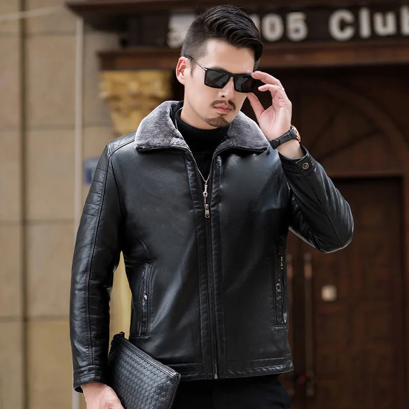 2023 Winter New Middle-Aged Men Leather Coat Men Fleece Lined Padded Warm Solid Color Leather Jacket Casual Versatile Outerwear