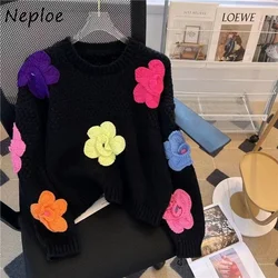 Neploe 2024 Autumn New Thin Tops Mujer Vintage Heavy 3d Flowers O-neck Pullovers Women Y2k Long Sleeve Knitted Sweaters