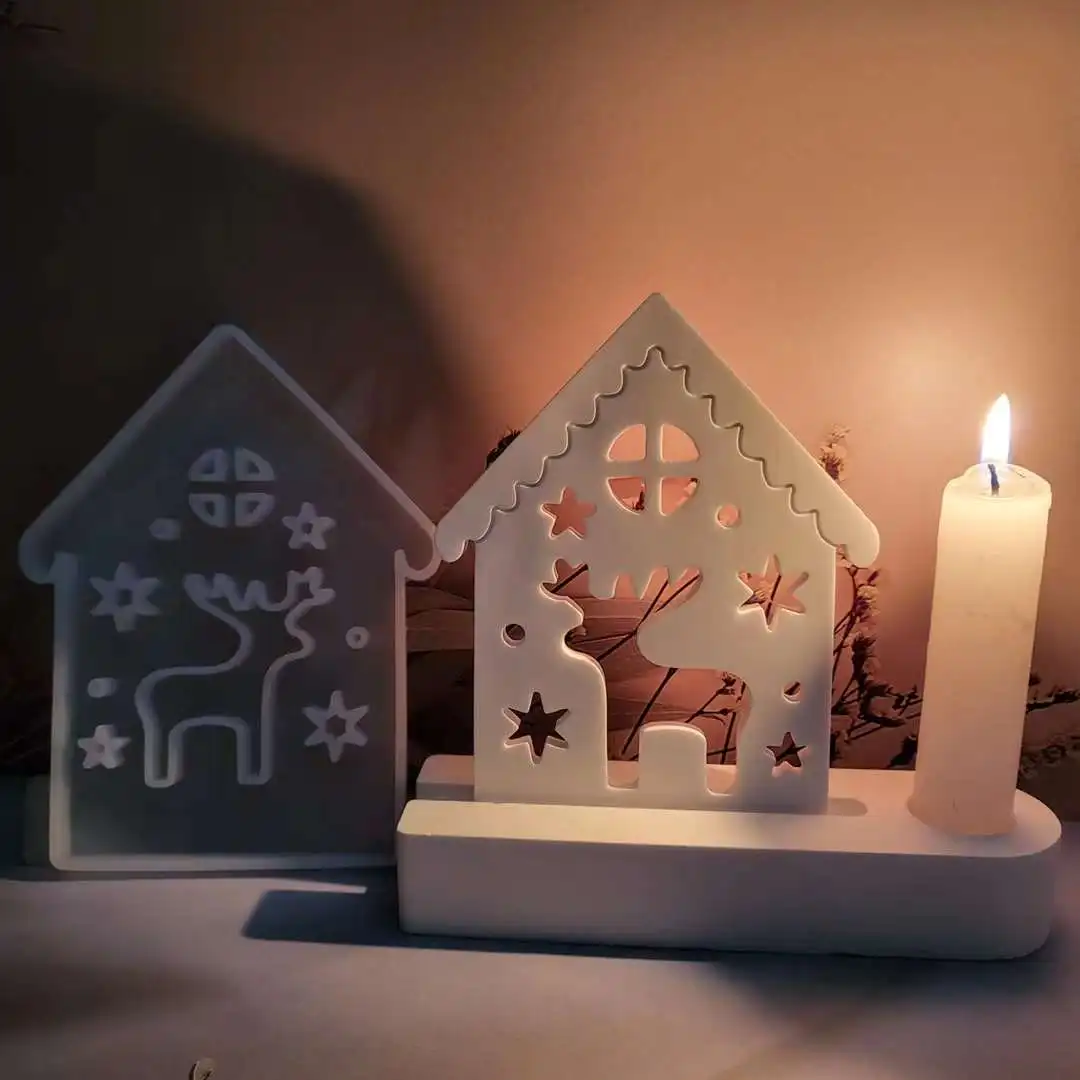 Elk House Candle Holder Silicone Mold Diy Window Houses Light Candle Holder Craft Gift Making Resin Gypsum Molds Home Decor