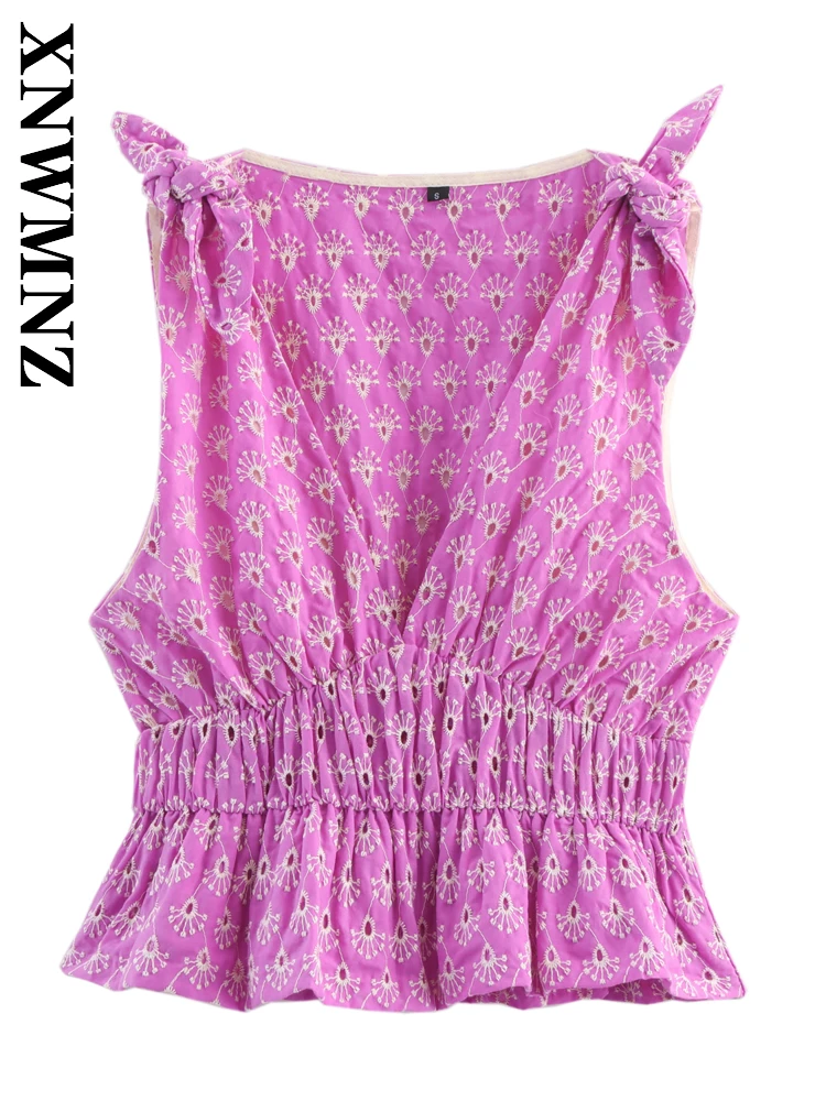 

XNWMNZ 2025 Summer New Woman Chic Fashion Sleeveless V-Collar Hollow Out Vest Sexy Women Clothing embroidery Top Bowknot