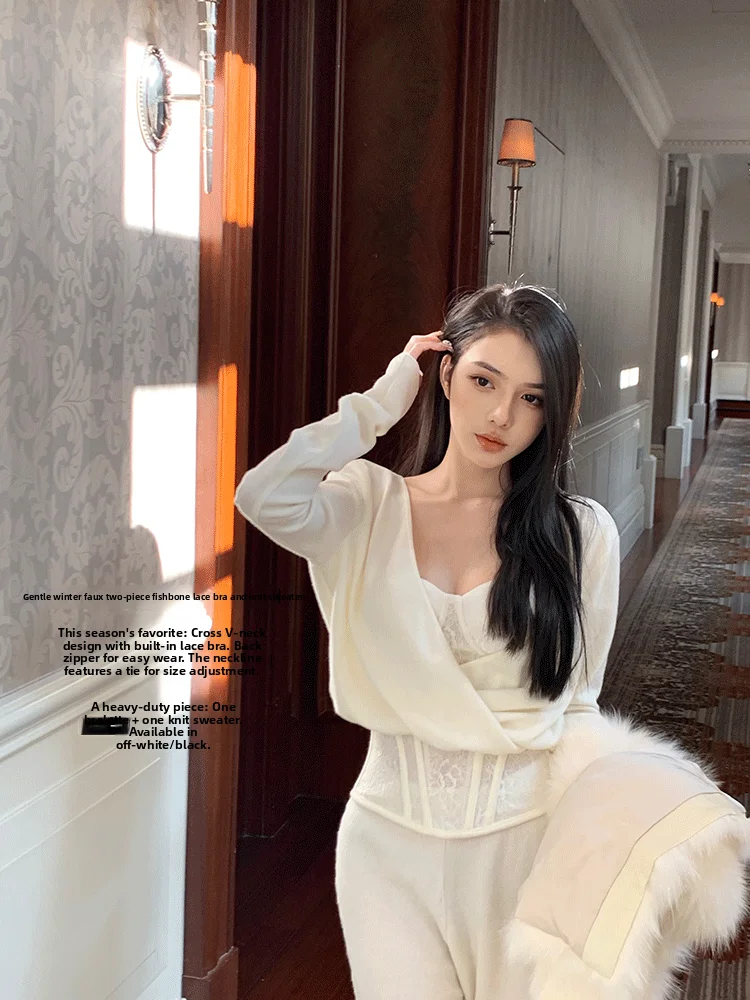 

Sweet Versatile Long Sve Knitted Sweater Women's Inner Wear Fake Two-Piece Bra Top Lienni2024 Autumn Winter New Arrival
