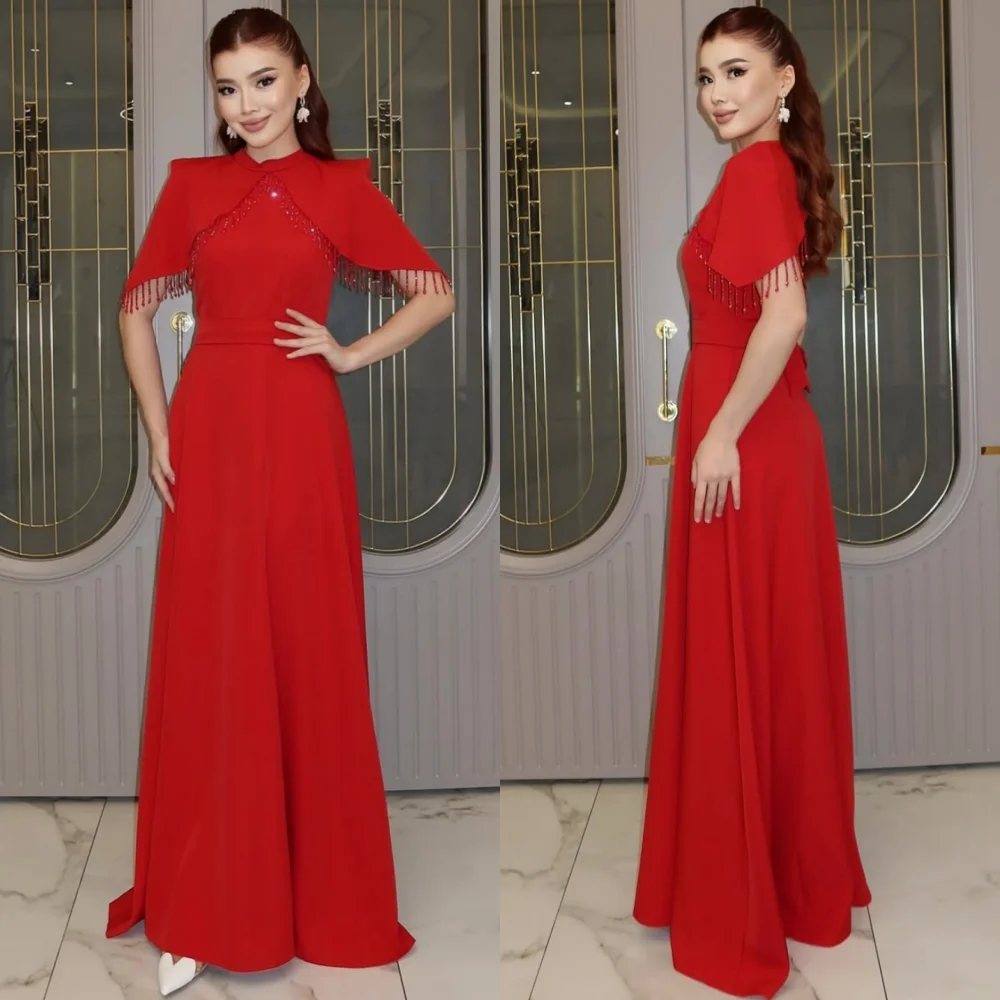 

Customized Casual Simple Jersey Sequined Pleat A-line High Collar Long Dresses Bespoke Occasion Classic