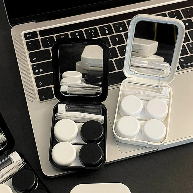 New Fashion Contact Lens Box Black Plastic Square Mirror Lens Case Travel Container Holder Storage Soaking Box Case
