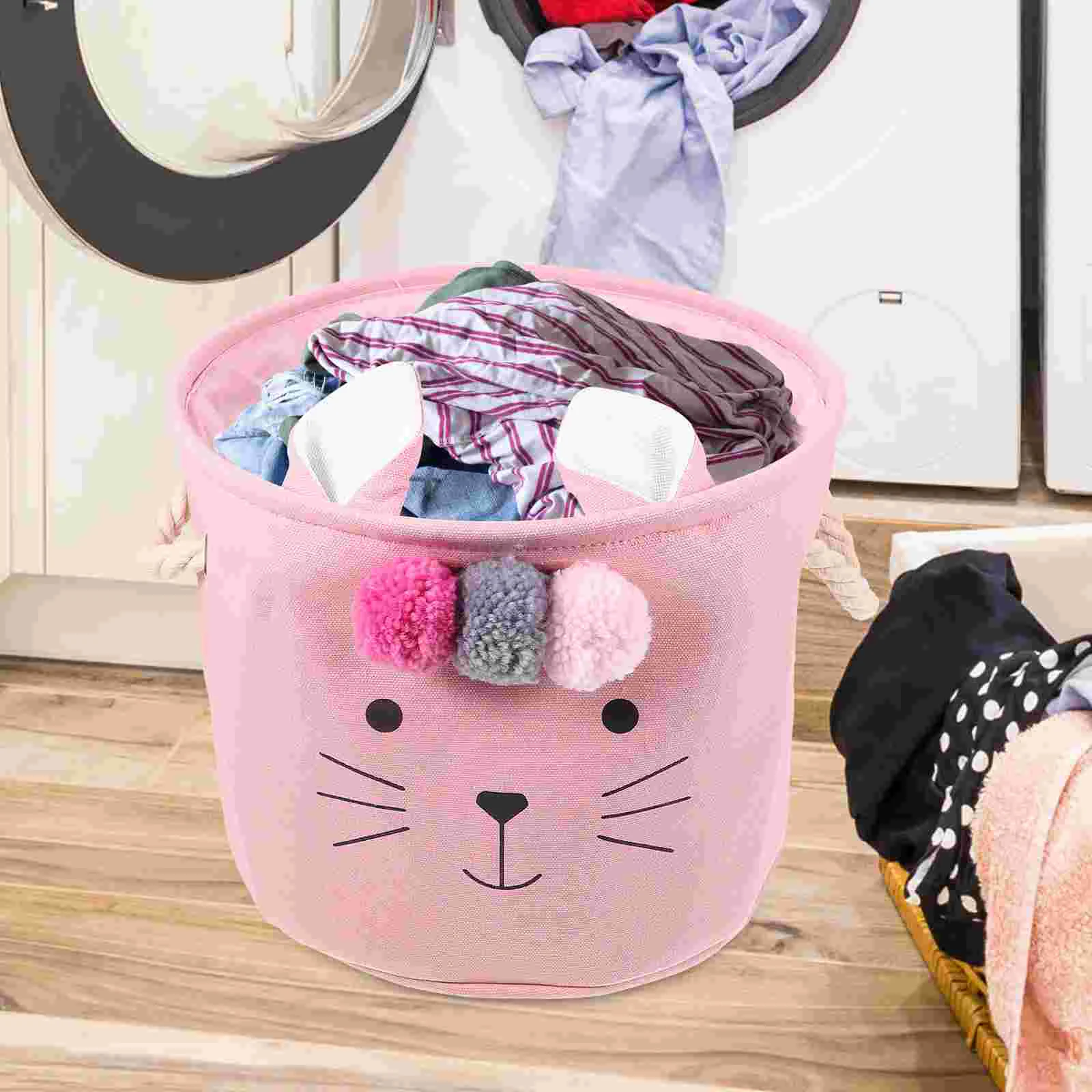 Pink Cat Fur Ball Storage Basket for Clothes Fabric Laundry Hamper Nursery Cute Gift Organizer