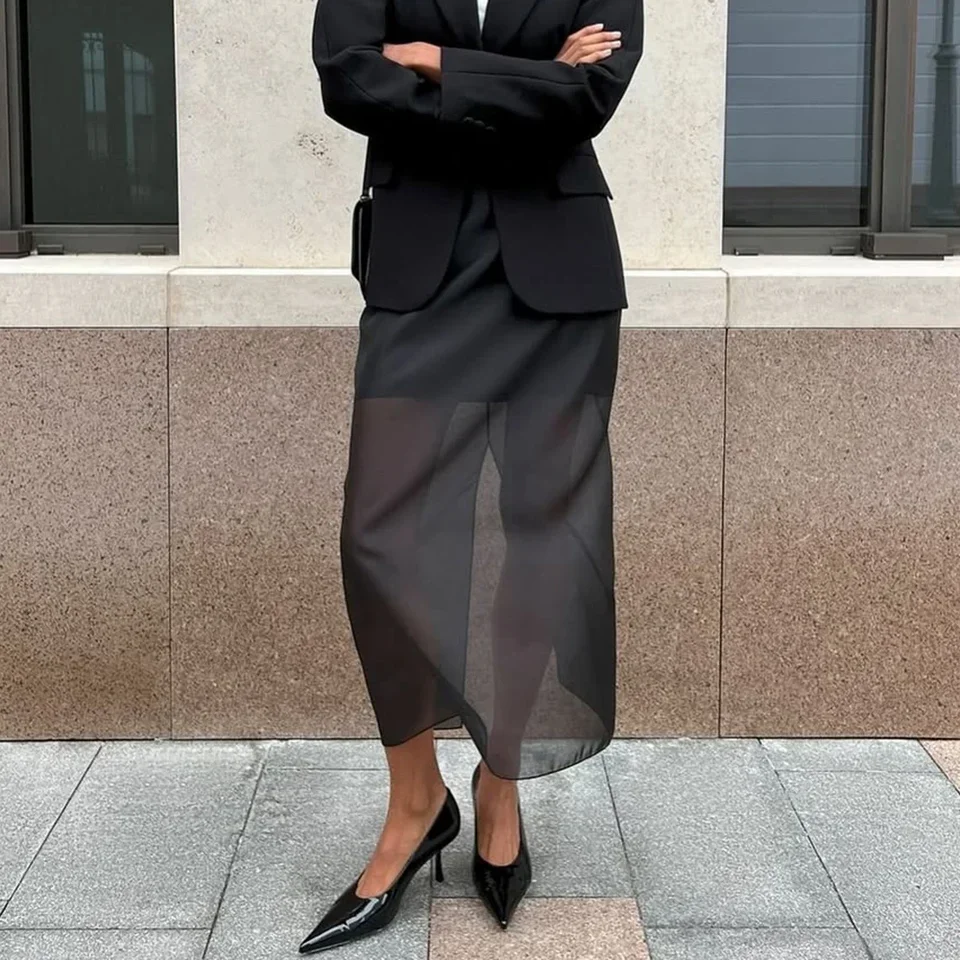

Black Mesh Skirt Women's Sexy Perspective High Waist Slit Cover Skirt Summer Fashion Casual Office Lady Skirt 2025