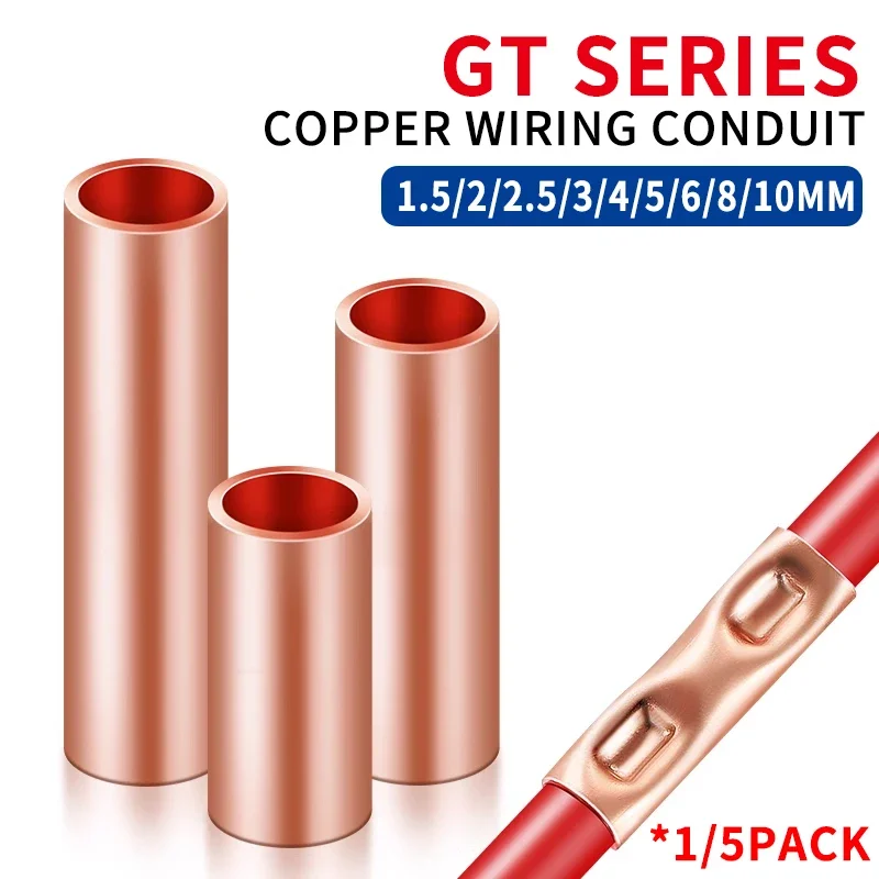 1000PC φ1.5/2/2.5/3/4/5/6/7/8/10 mm GT Copper Connecting Pipe  Connection Tube Wire Connector Cold Crimping Terminal