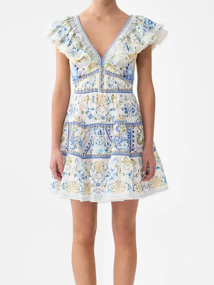 الرجعية الراقية الخامس الرقبة تكدرت تحلق الأكمام تنورة الصيف المرأة الجديدة الخصر حزام نحيف عارية الذراعين المطبوعة عطلة نمط اللباس