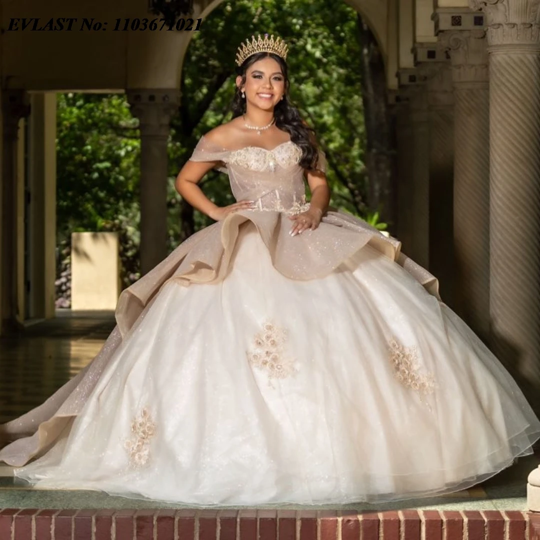 EVLAST-vestido mexicano rosa quinceanera blush, vestido de baile, apliques brilhantes do laço, perolização espartilho camadas, doce 16, SQ361