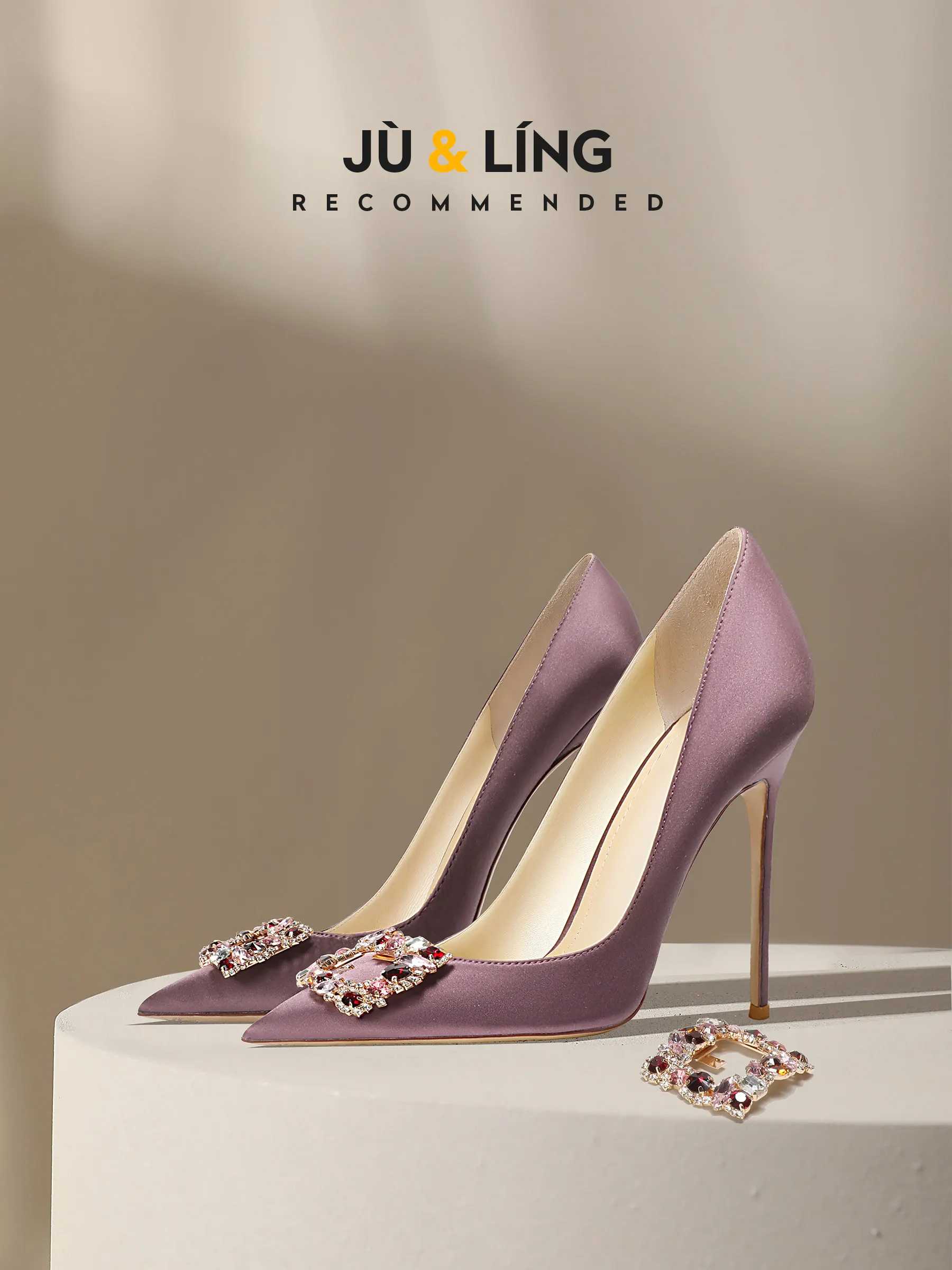 HLTINO Violet Elegant Silk Satin Pumps Removable Crystal Button Quality Women Autumn Spring Shoes Genuine Leather High Heels