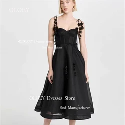 OLOEY Sweetheart Prom Dress Leafes Ribbon Spaghetti Straps Black White Wedding Party Dress Customizd Beach Dress Tea-Length