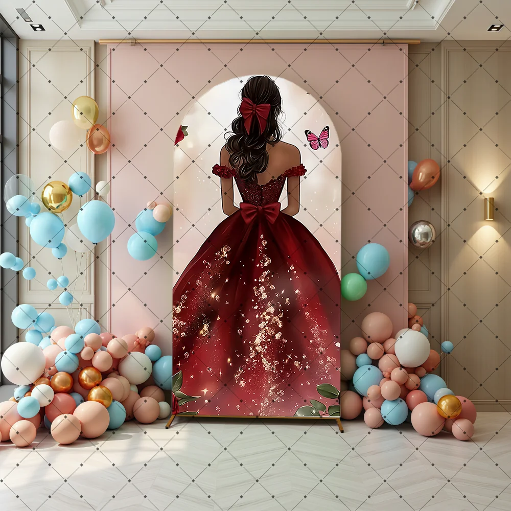 Custom 2-Sided Quinceanera Princess Dress Sweet 15th Birthday Party Baby Shower Covers Chiara Arch Decor Backdrop Photo