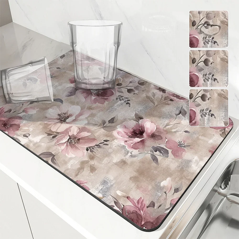 Watercolor Absorbent Mat Spring Plant Flower Draining Mat Kitchen Tableware Drying Tableware Non-slip Carpet Tableware Suitable