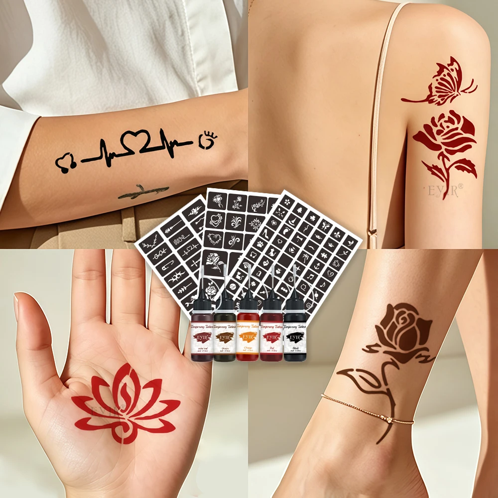 EYIR Henna Tattoo Paste Set 9 Farben Temporäre Tattoo Farbe mit 3 Schablonenblättern Körperkunst Malen DIY Festival Party – Detail 8