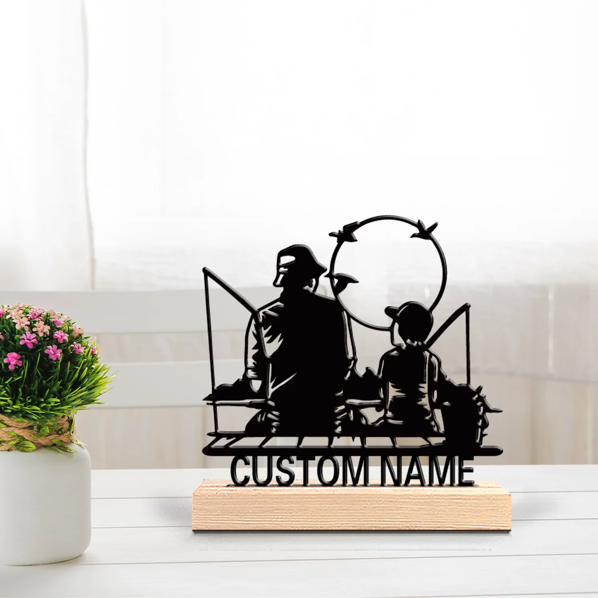 1pc New Design Personalized Custom Fishing Metal Statues Fishing Enthusiast Gift With Wooden Stand Suitable For Office Bedroom