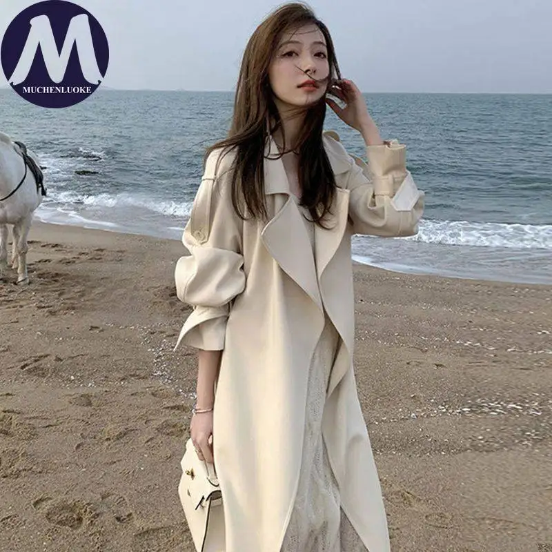 

Women's Trench Coat Spring Autumn Elegant Flying Sleeves Medium Length Lace Up Trench Korean Fashion Casual Loose Women Coats