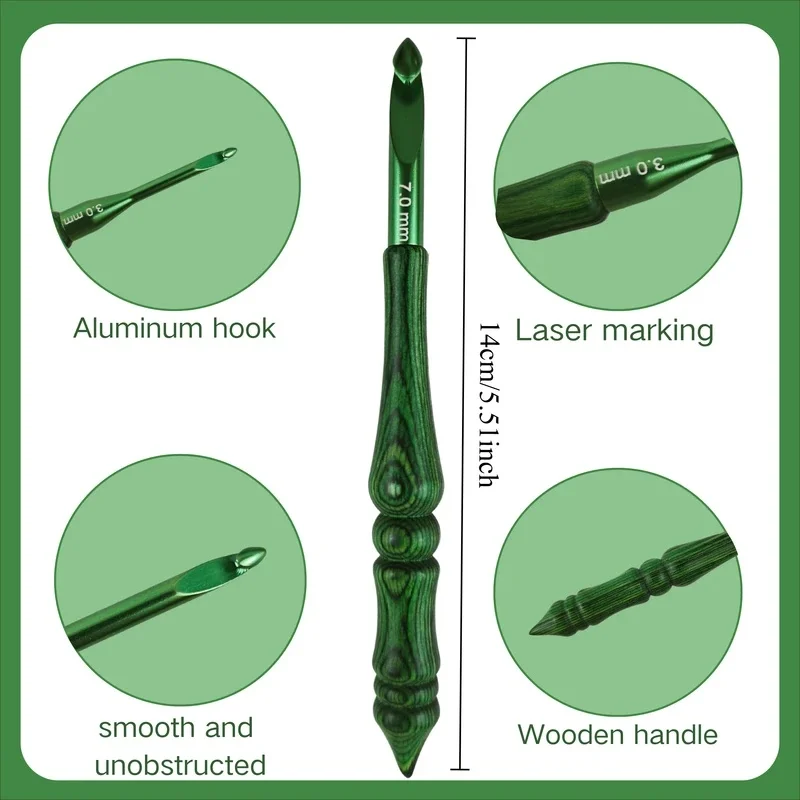 8Pcs 3.0-7.0mm Crochet Hook Set Green Ergonomic Wooden Handle For Arthritic Hands Knitting Needles For Beginners Crocheting Yarn