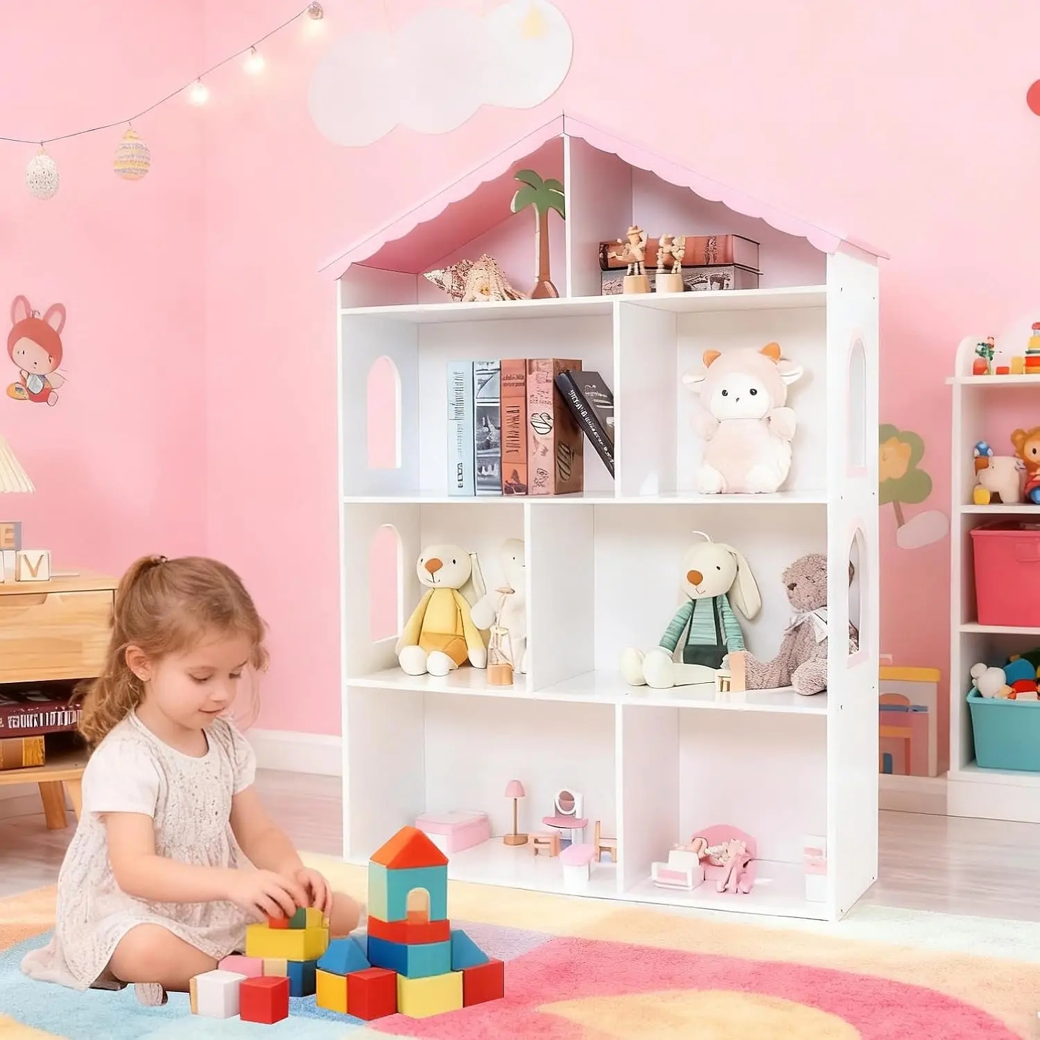 Wooden Dollhouse Bookshelf 4-Tier Children's Bookcase Display Storage Doll House Organizer Furniture for Kids Bedroom Playroom