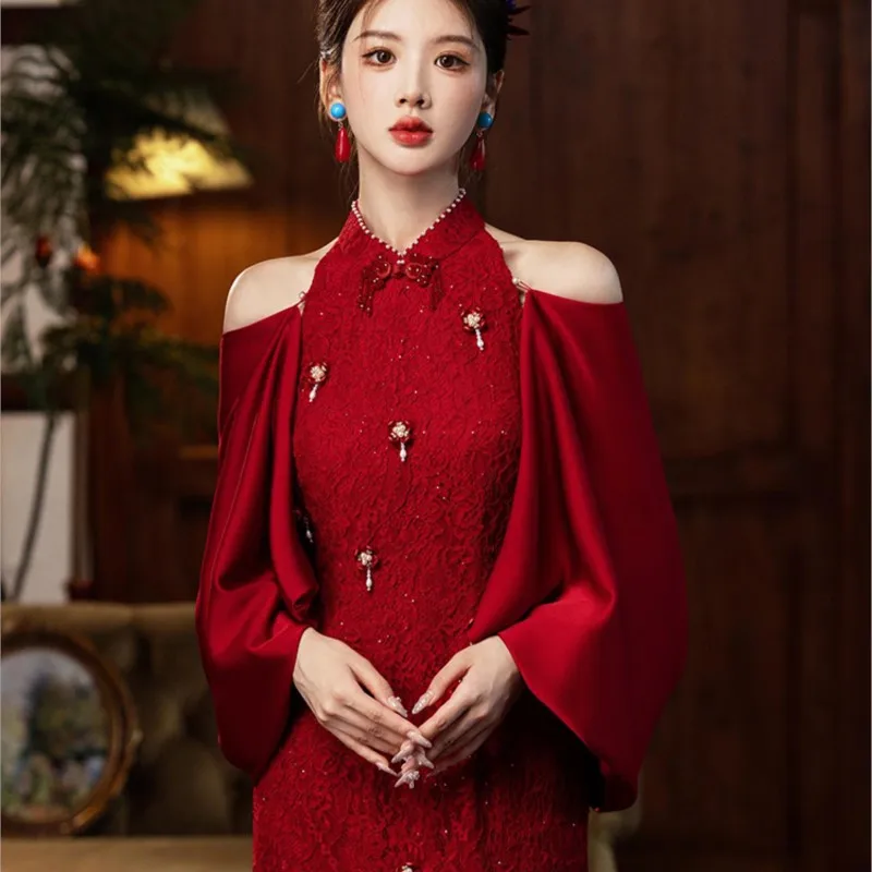 

Wine red toasting dress new Chinese improved cheongsam back casual