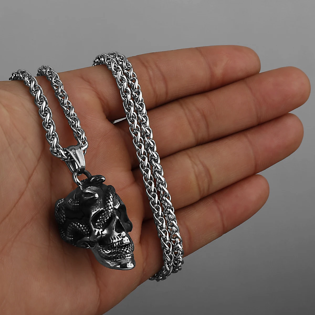 Gothic Stainless Steel Snake Winding Skull Pendant Necklace Men's Black Gun Plated Personality Necklace Jewelry Party Club Gift view 3