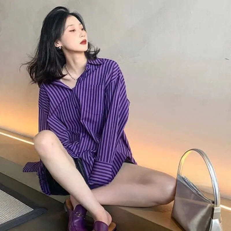 Camisas a rayas moradas para mujer, ropa informal Hipster de manga larga holgada Harajuku que combina con todo, Tops estilo gótico Vintage