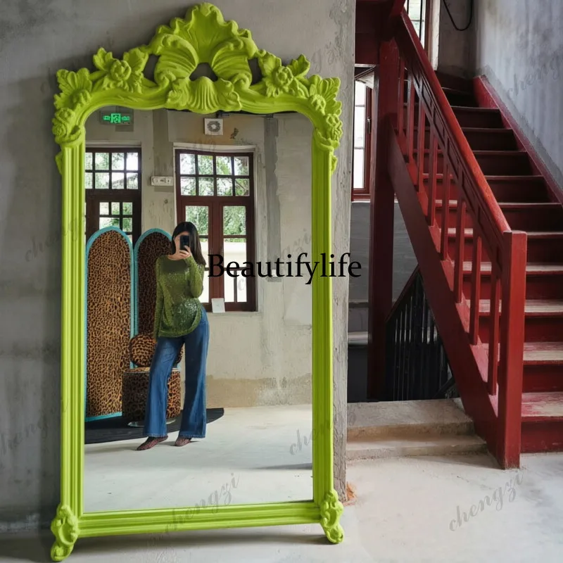 Vintage flocking carved full-length mirror clothing store fitting mirror ins art floor mirror