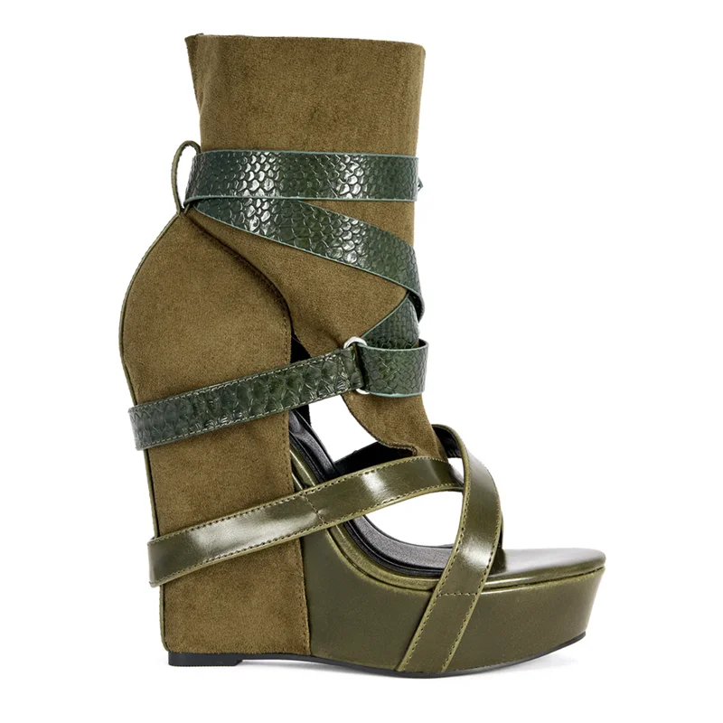 Buckle Belt Patchwork Wedges Sandal Boots Sexy Pointed Toe Hollow Out Suede Customized New Arrivals Fashion Women Modern Boots