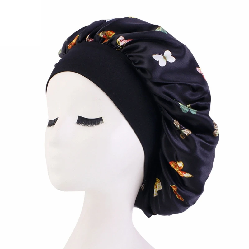 Butterfly Print Satin Sleeping Cap Wide Brim Nightcap Hair Care Turban Chemo Hat for Washing Face Skin-caring Make-up