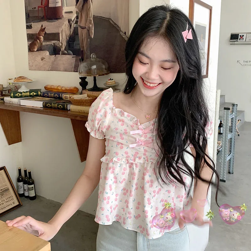 Floral Blouses for Women Sweet Puff Short-sleeve Crop Tops All-match Cute Girlish Summer Daily Casual Ulzzang Style Fashionable