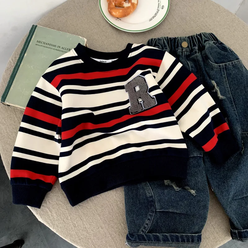 

Boy T-shirt 2025 Spring Autumn Kids Clothes Fashion Trendy Long-Sleeve Versatile Top Striped Base Layer T-Shirt