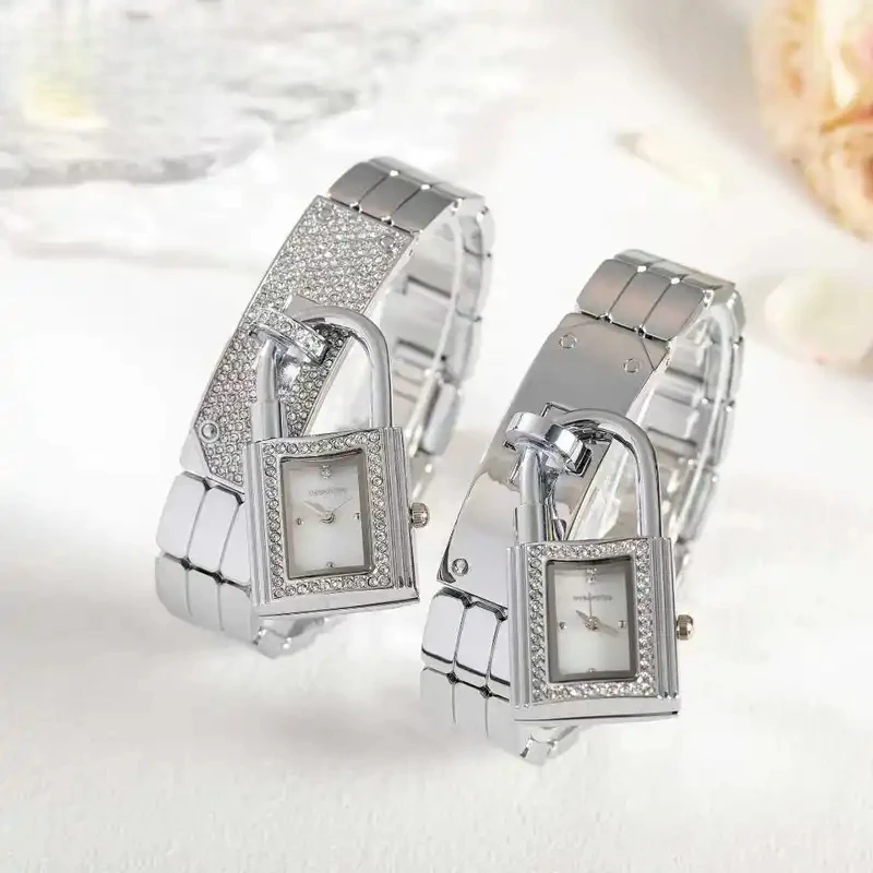 YISON Sliver Detachable Lock Wristwatch Diamond Rhinestone Inlay Bracelet Quartz Watch for Women reloj para mujer  