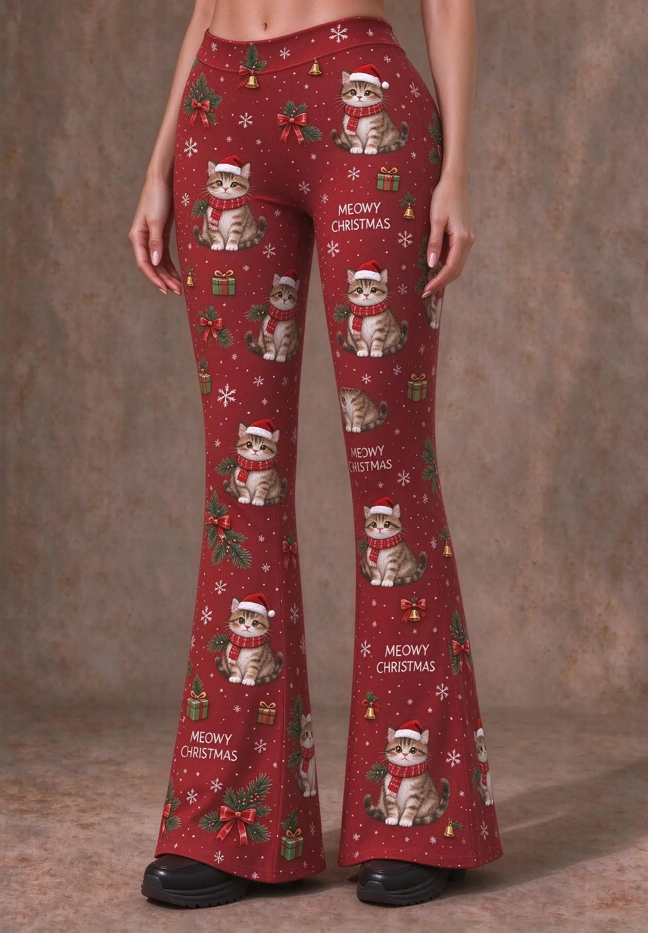 Women Mid Waist Skinny Flare Pants Christmas Wreath Candle Snowflake Print Stretch Bell Bottom Trousers