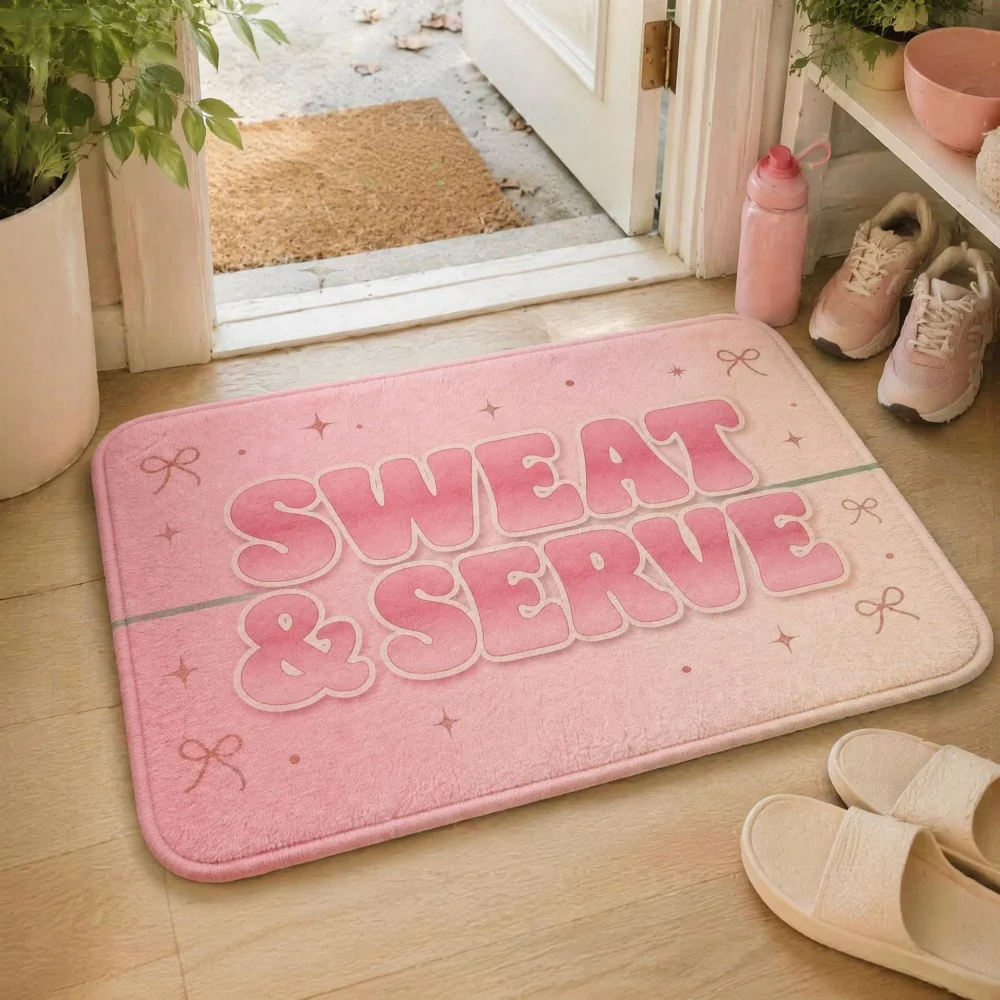 Crystal Velvet Front Door Doormat, Pink Bow Star Sweat & Serve Bubble Letter Print Non Slip Rectangular Indoor Entry Floor Mat