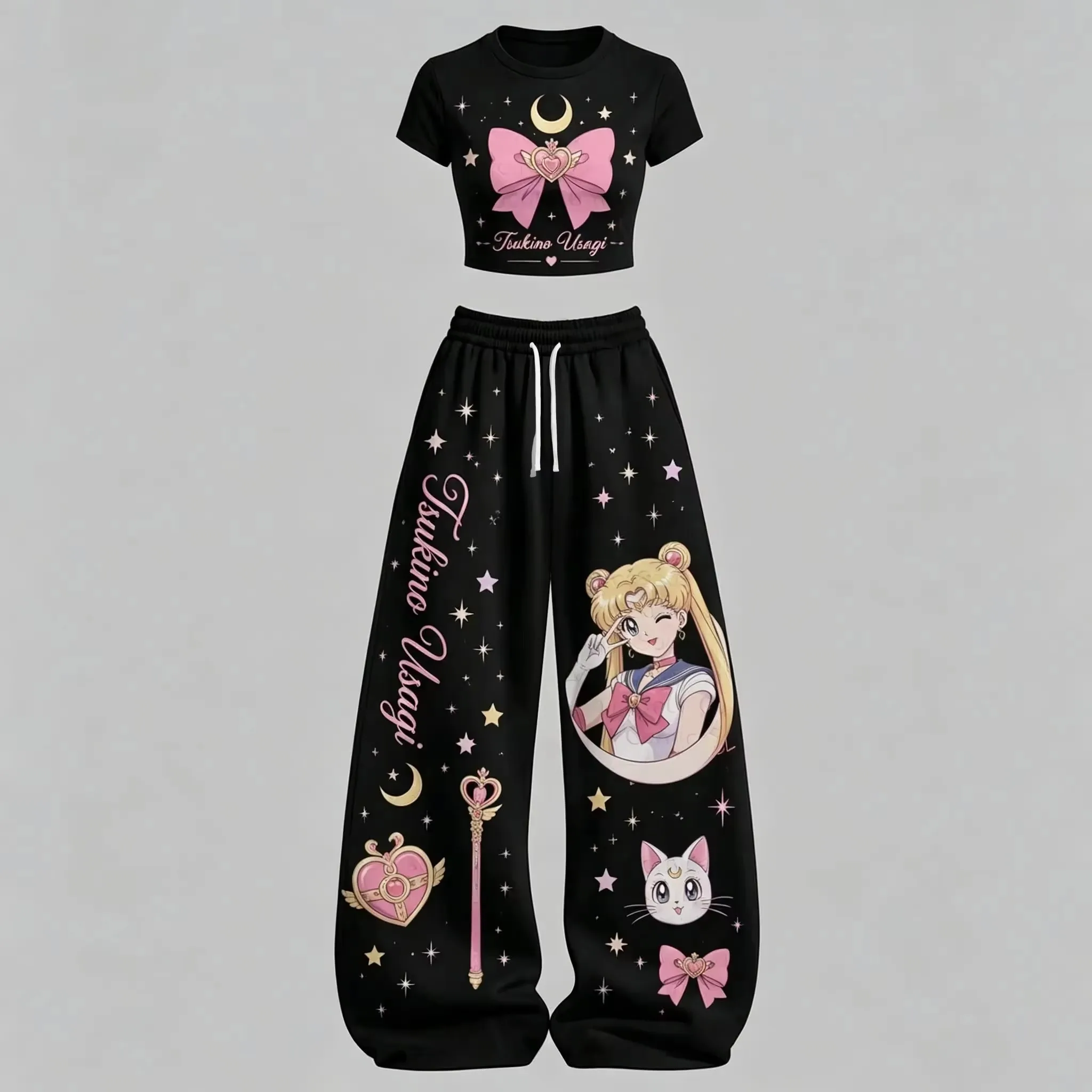 New Anime Art Print Matching Set for Men Women Short Sleeve Top & Loose Trousers Breathable Outfit Popular Anime Family Outfits