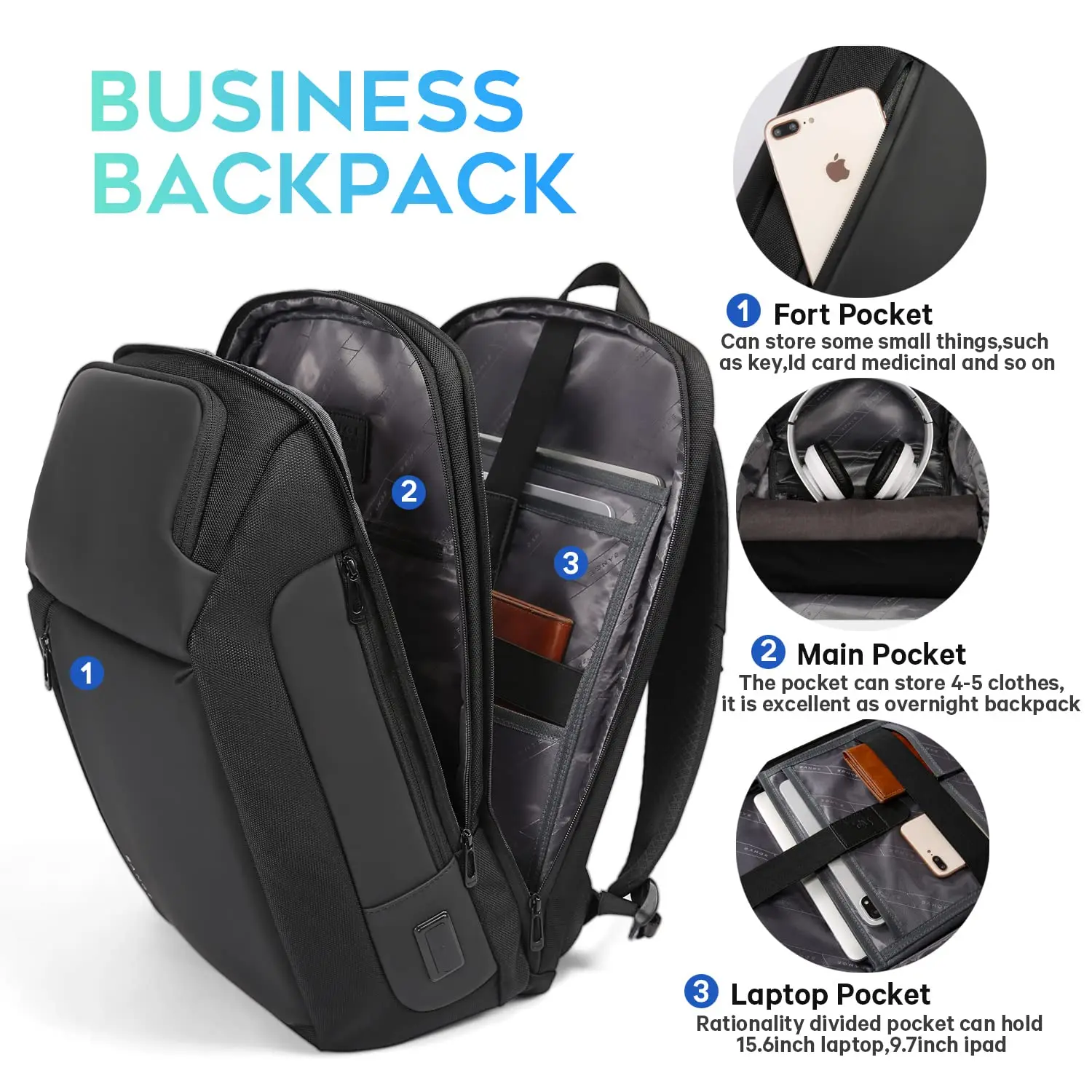 بانج مقاوم للماء رجل على ظهره متعدد الوظائف يناسب 15.6 بوصة حقيبة لابتوب جيوب متعددة الطبقات حقيبة المدرسة مع إعادة شحن USB