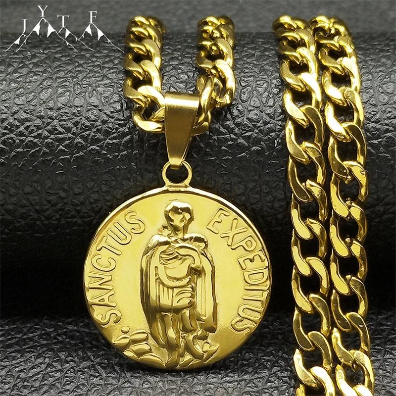 

Sanctus Expeditus Medal Pendant Necklace for Men Women Stainless Steel Gold Color Catholicism Amulet Hip Hop Chain Jewelry