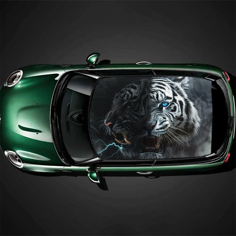 Angry White Tiger Power Car Vinyl Wraps, Car Roof Decals, Wild Charm Decal Sticker